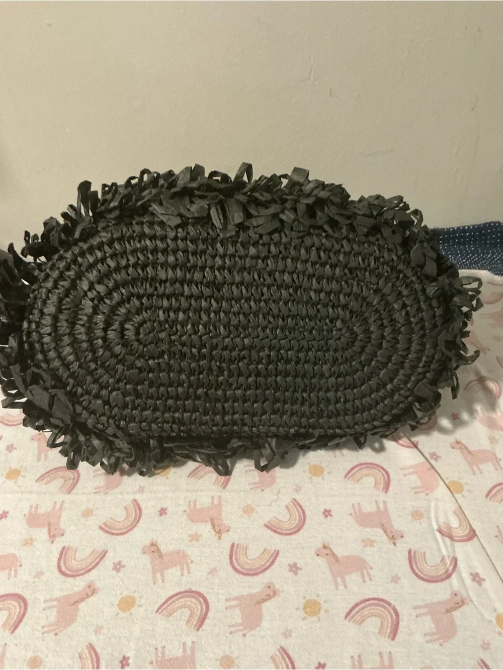 Black Fringed Straw Tote with Beaded Handles